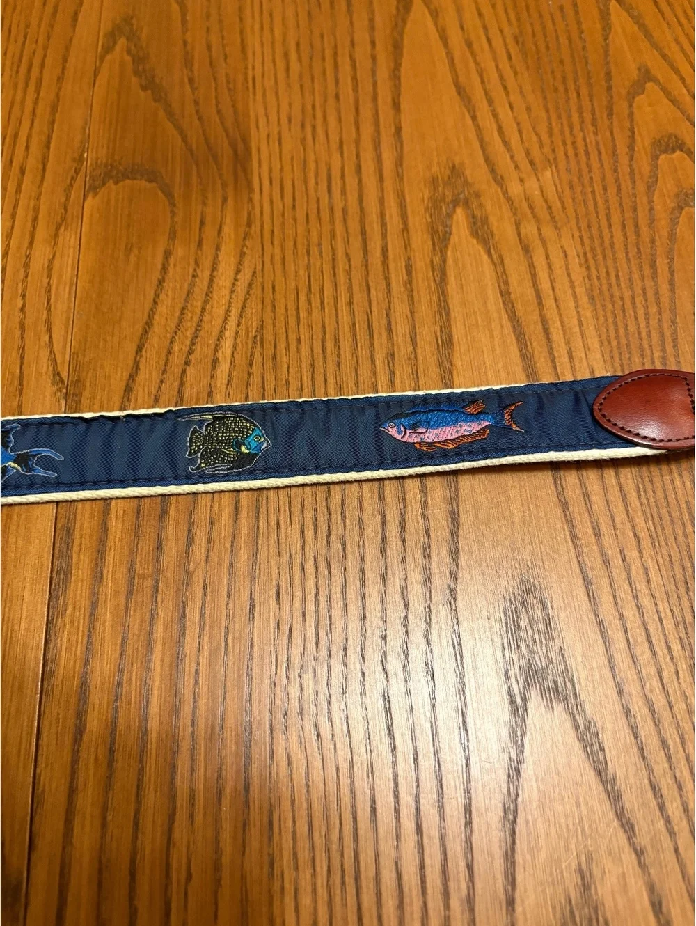 Vintage Tropical Fish Embroidered Ribbon Belt - Navy Solid Brass Buckle Size 36